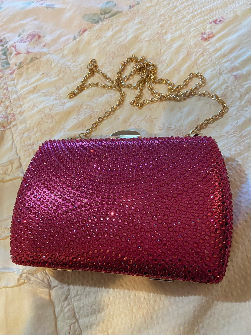 Glam Hot Pink Crystal Evening Clutch with Gold Chain